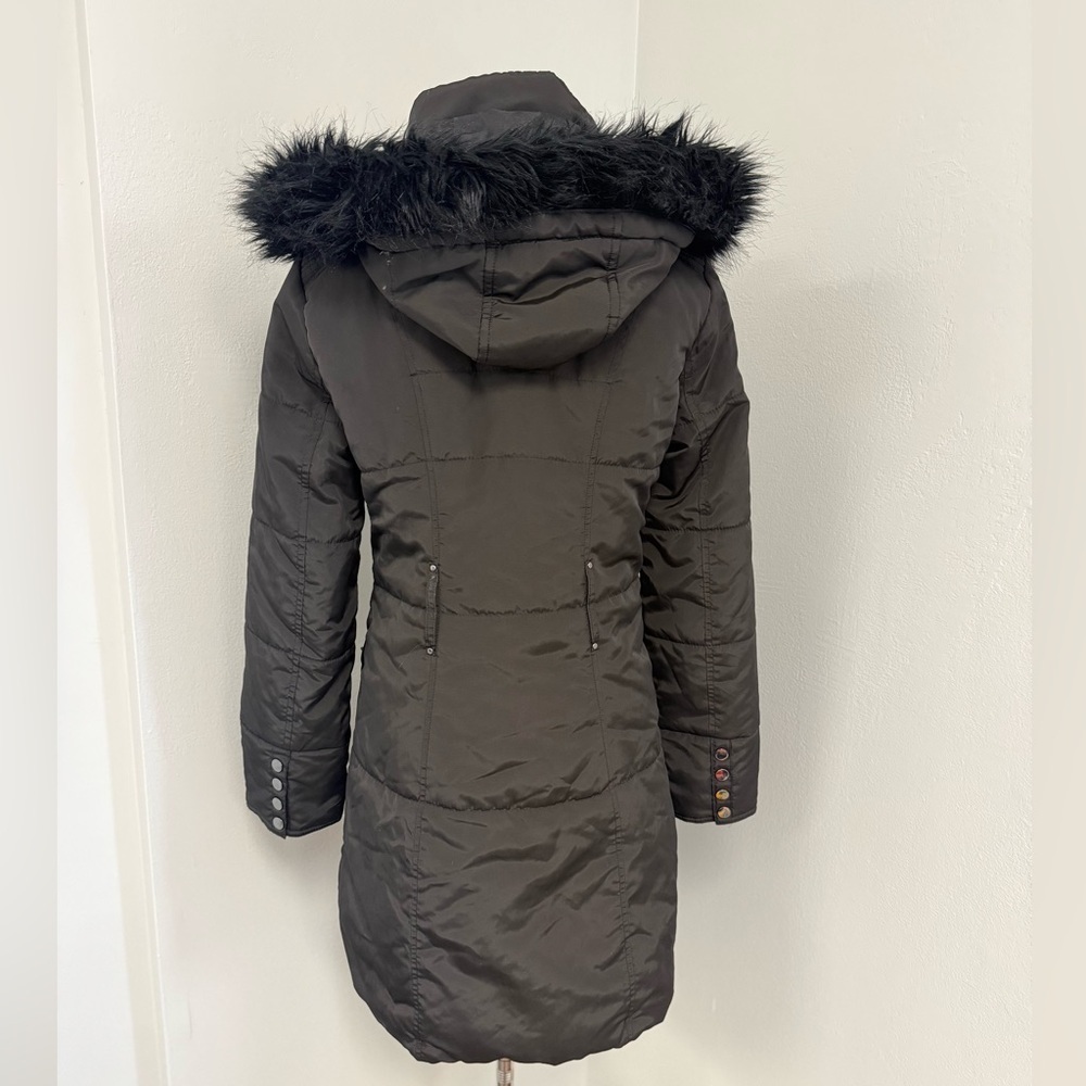 Jones New York Dark Brown Puffer Coat with Faux Fur Hood - Picture 4 of 9